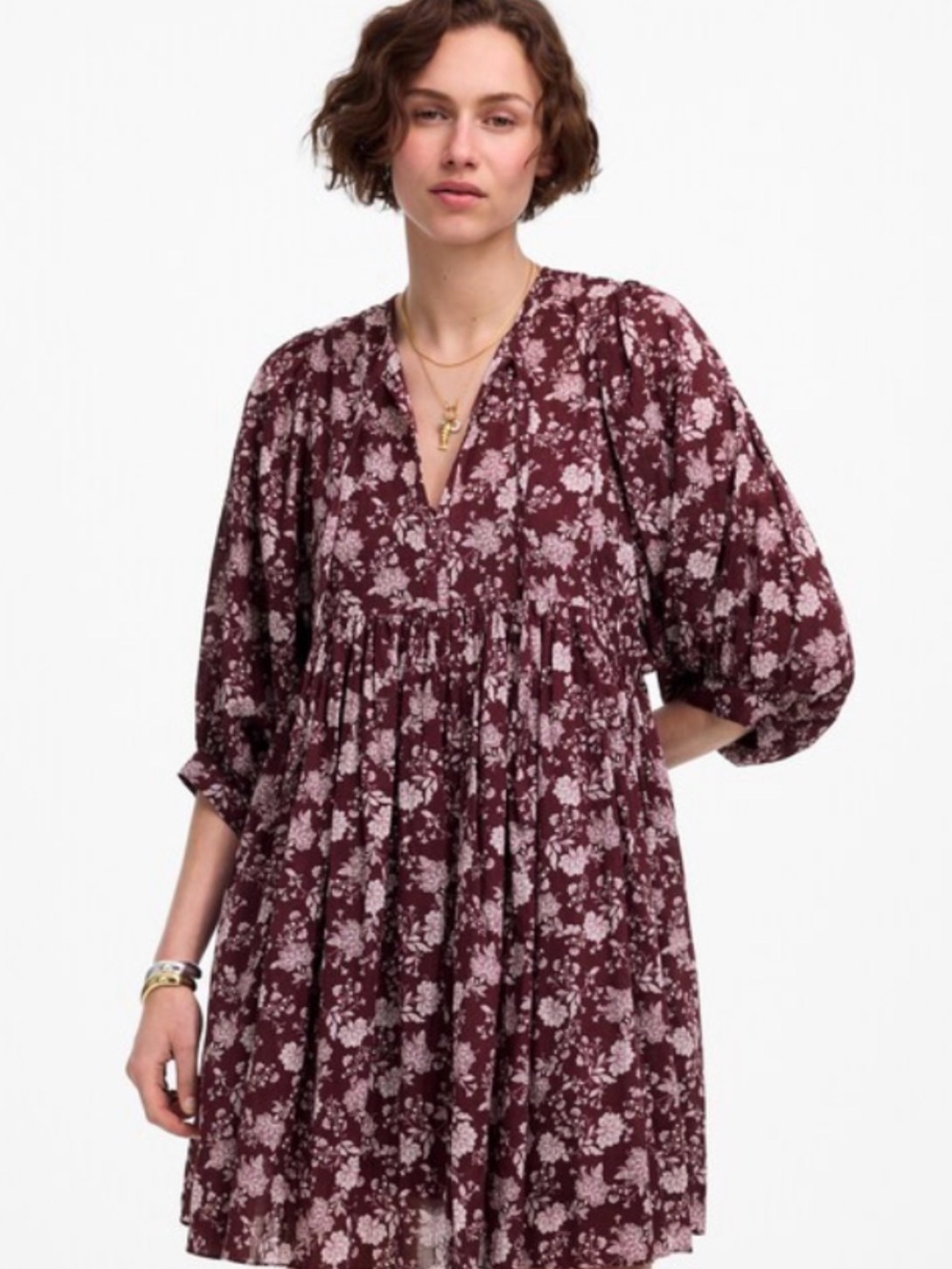 Madewell Splitneck Puff-Sleeve Dress in Floral maroon